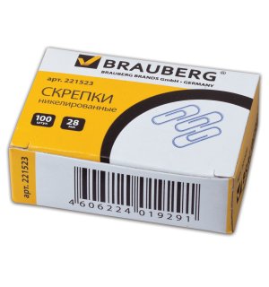 BRAUBERG Скрепки, 28 мм, никелированные, 100 штук, в картонной коробке