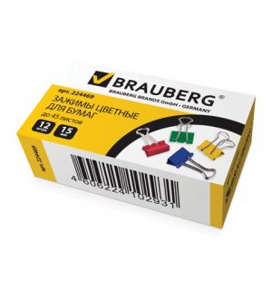 BRAUBERG Зажимы для бумаг, комплект 12 шт., 15 мм, на 45 л., цветные, в картонной коробке