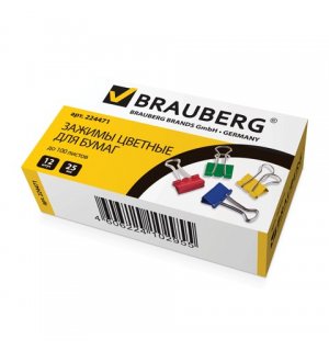 BRAUBERG Зажимы для бумаг, комплект 12 шт., 25 мм, на 100 л., цветные, в картонной коробке