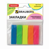 BRAUBERG Закладки самоклеящиеся неоновые, 45х12 мм, 5 цветов х 20 листов, в пластиковой книжке, европодвес