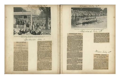 Scrap book 1912: This scrap book records the triumphs and disappointments of the Australian Men’s Eight while competing in Britain and Europe in 1912. ANMM Collection Gift from Christine Stewart.